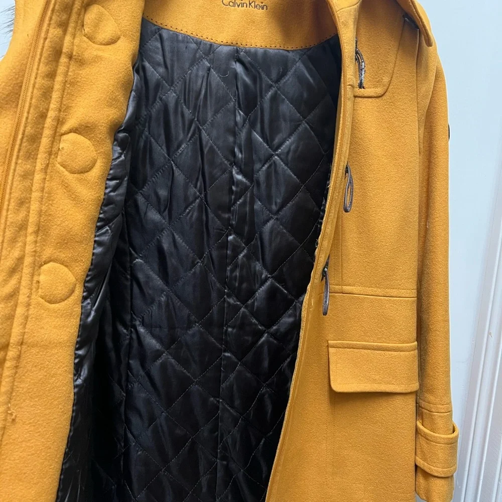 Calvin Klein mustard color wool blend hooded with fur pea coat toggle buttons - Picture 5 of 10